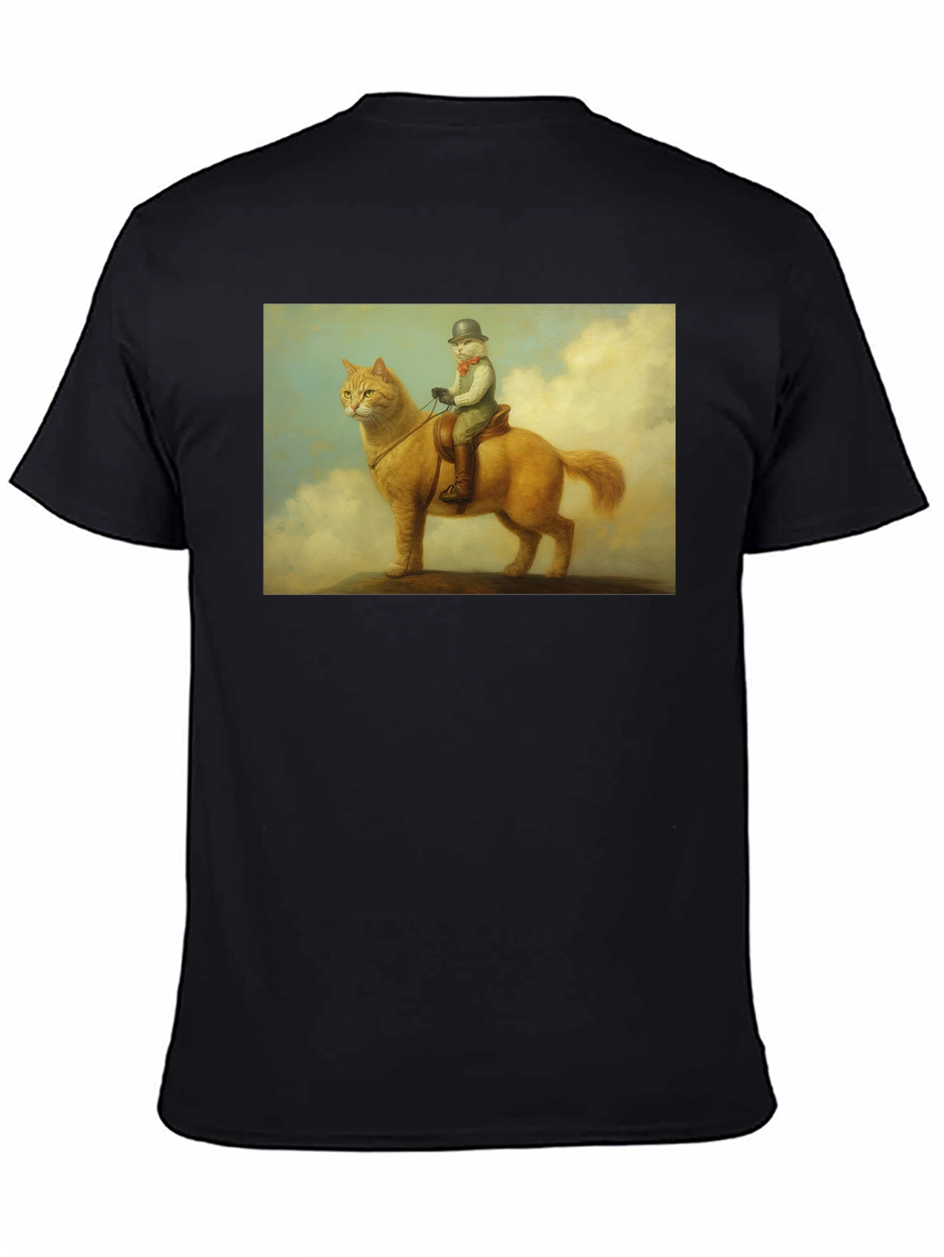 Cat Rider Tee - Whimsical Art Black T-Shirt