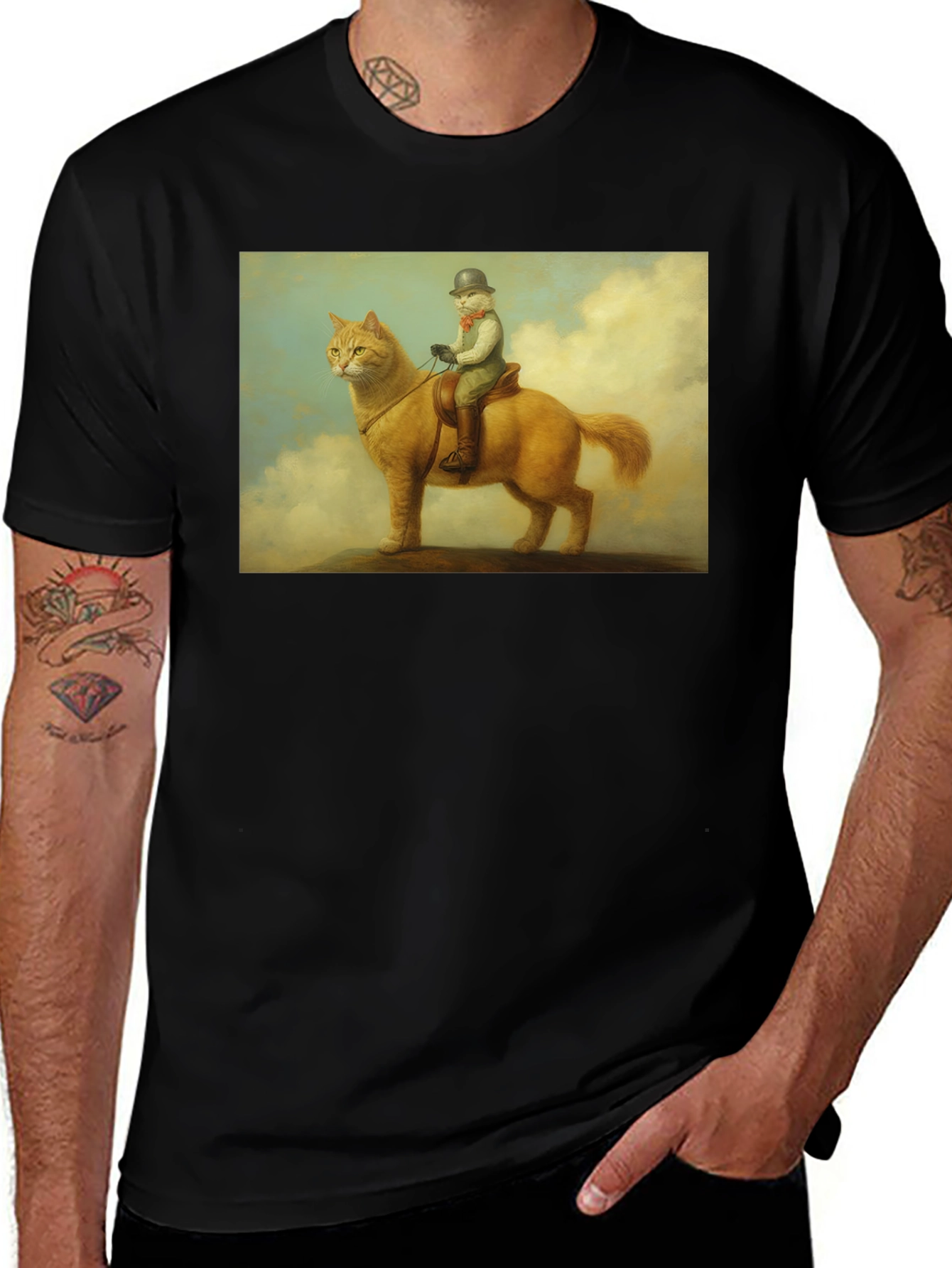 Cat Rider Tee - Whimsical Art Black T-Shirt