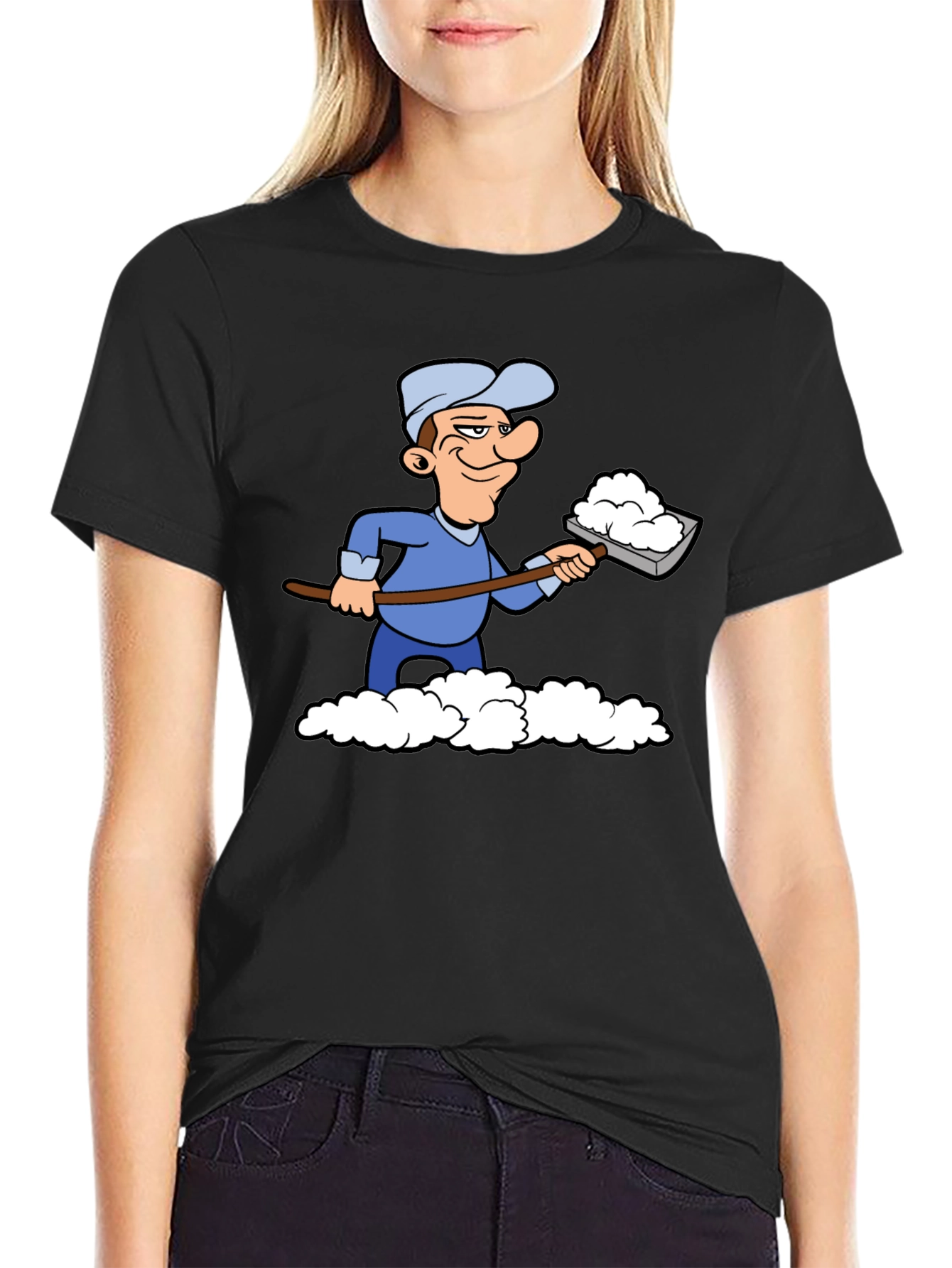 Funny Snow Shoveler Cartoon Black T-Shirt