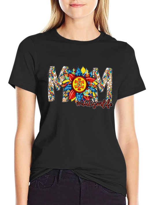 Autism Awareness MOM T-Shirt Sunflower Puzzle