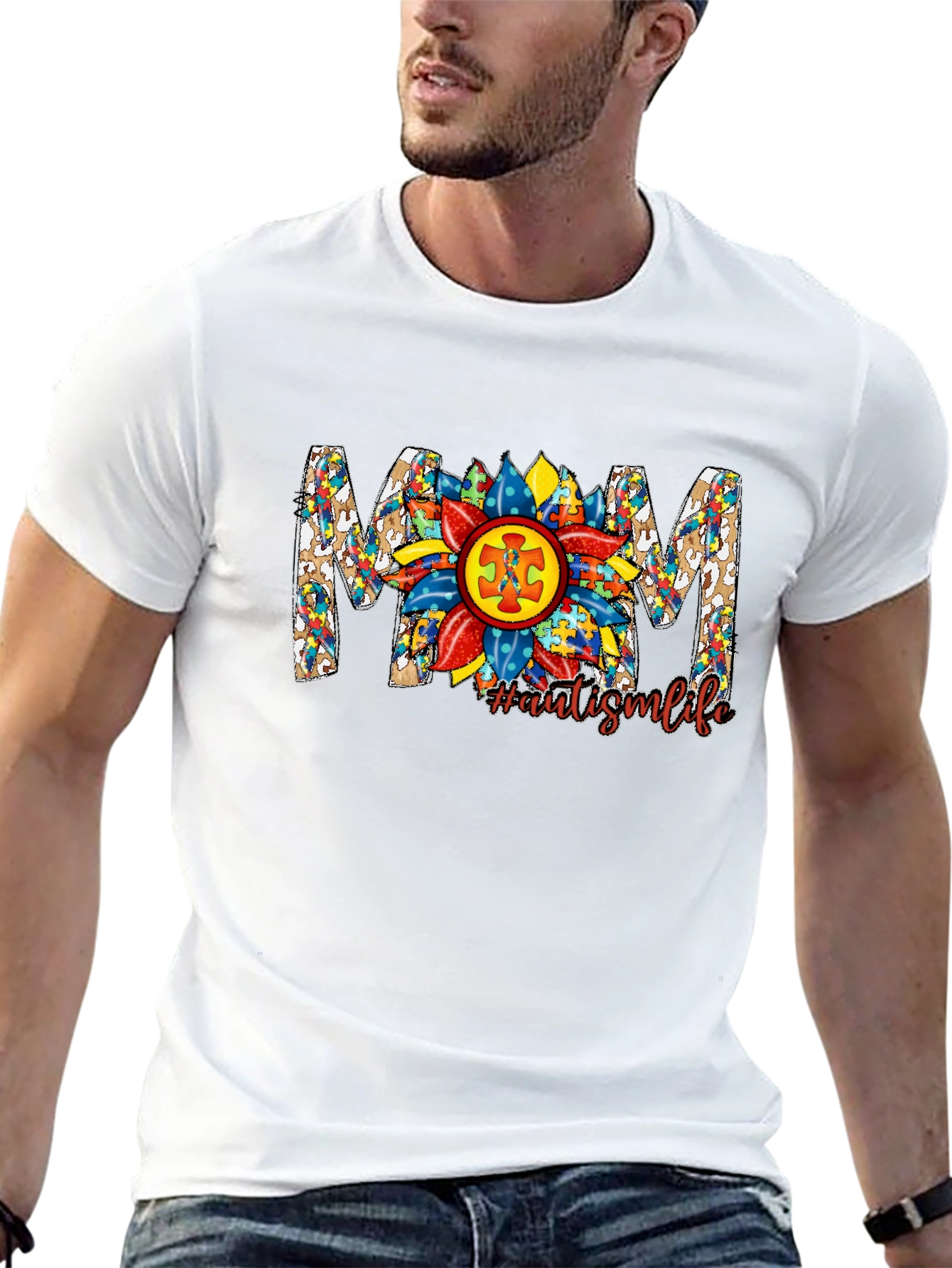 Autism Awareness MOM T-Shirt Sunflower Puzzle