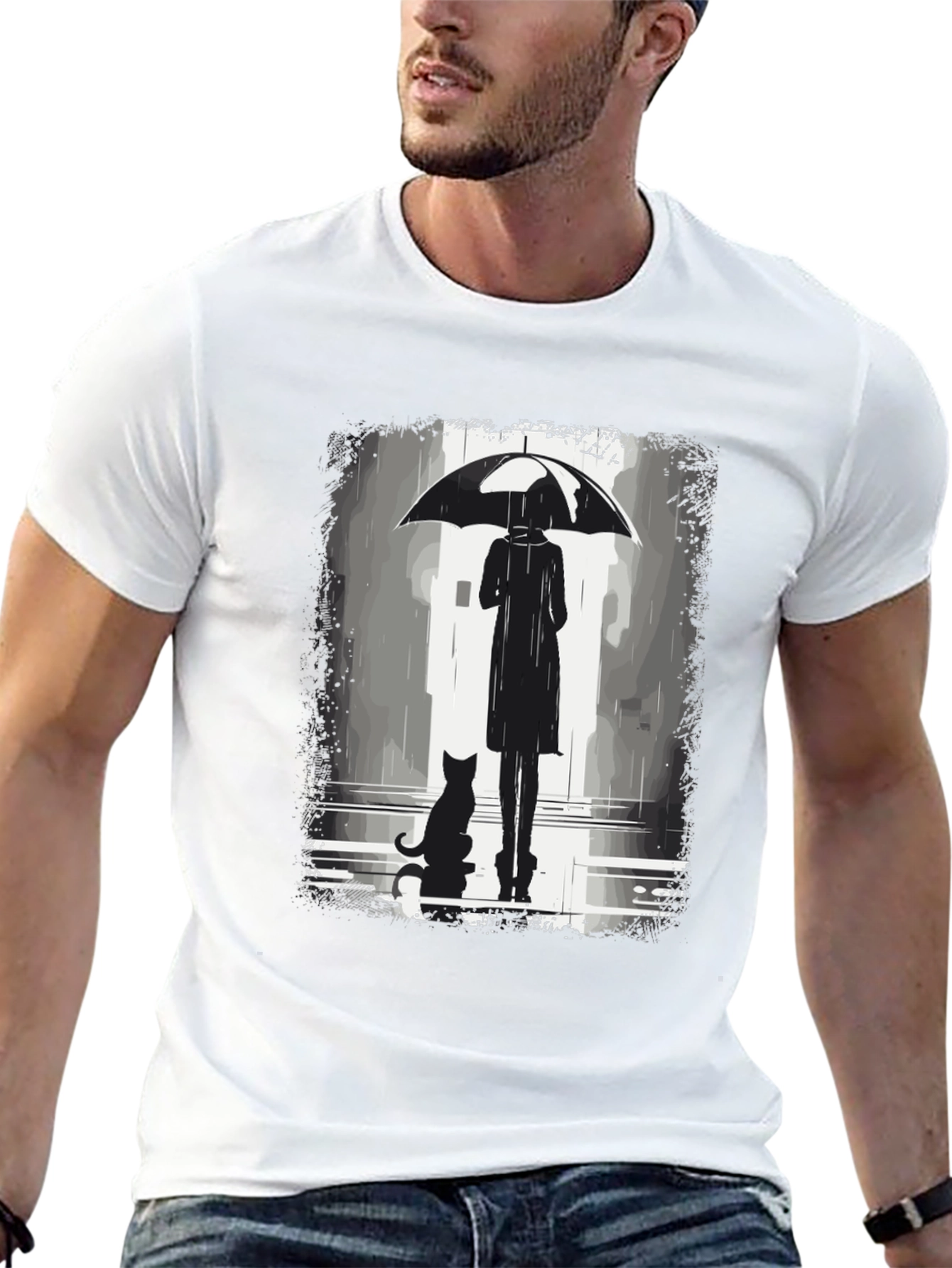 Rainy Day T-Shirt: Woman Cat & Umbrella
