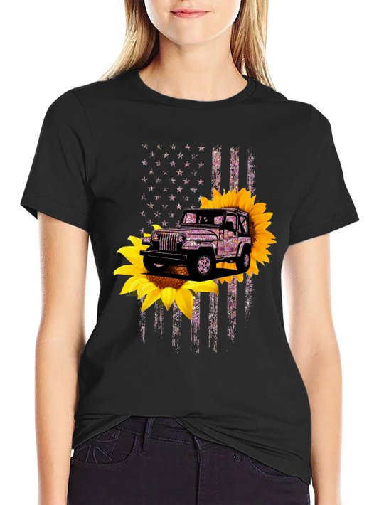 Jeep Sunflower American Flag Graphic T-Shirt