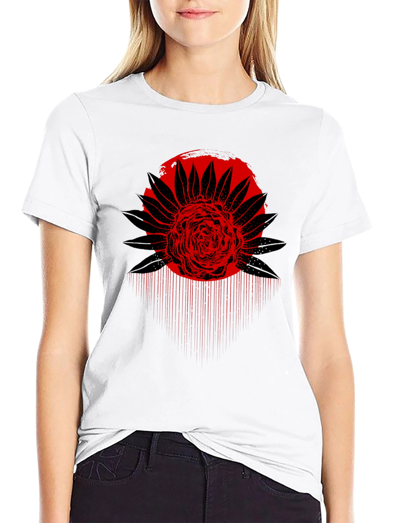 Red Floral Graphic Black T-Shirt