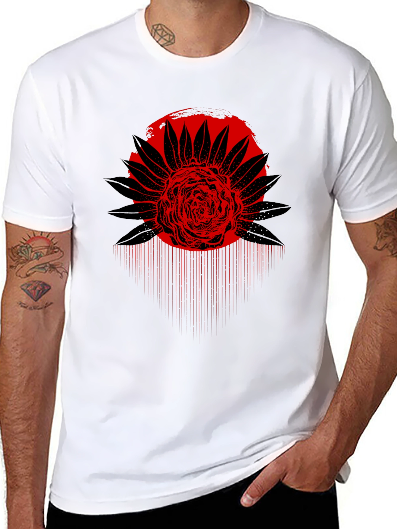 Red Floral Graphic Black T-Shirt