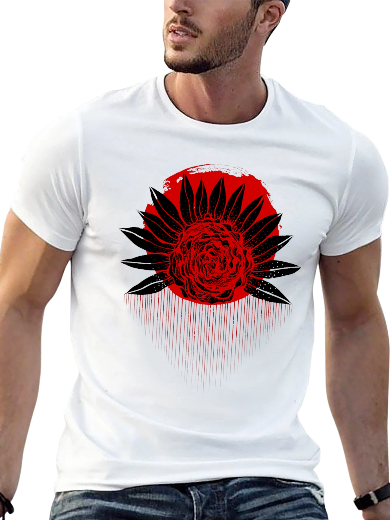Red Floral Graphic Black T-Shirt