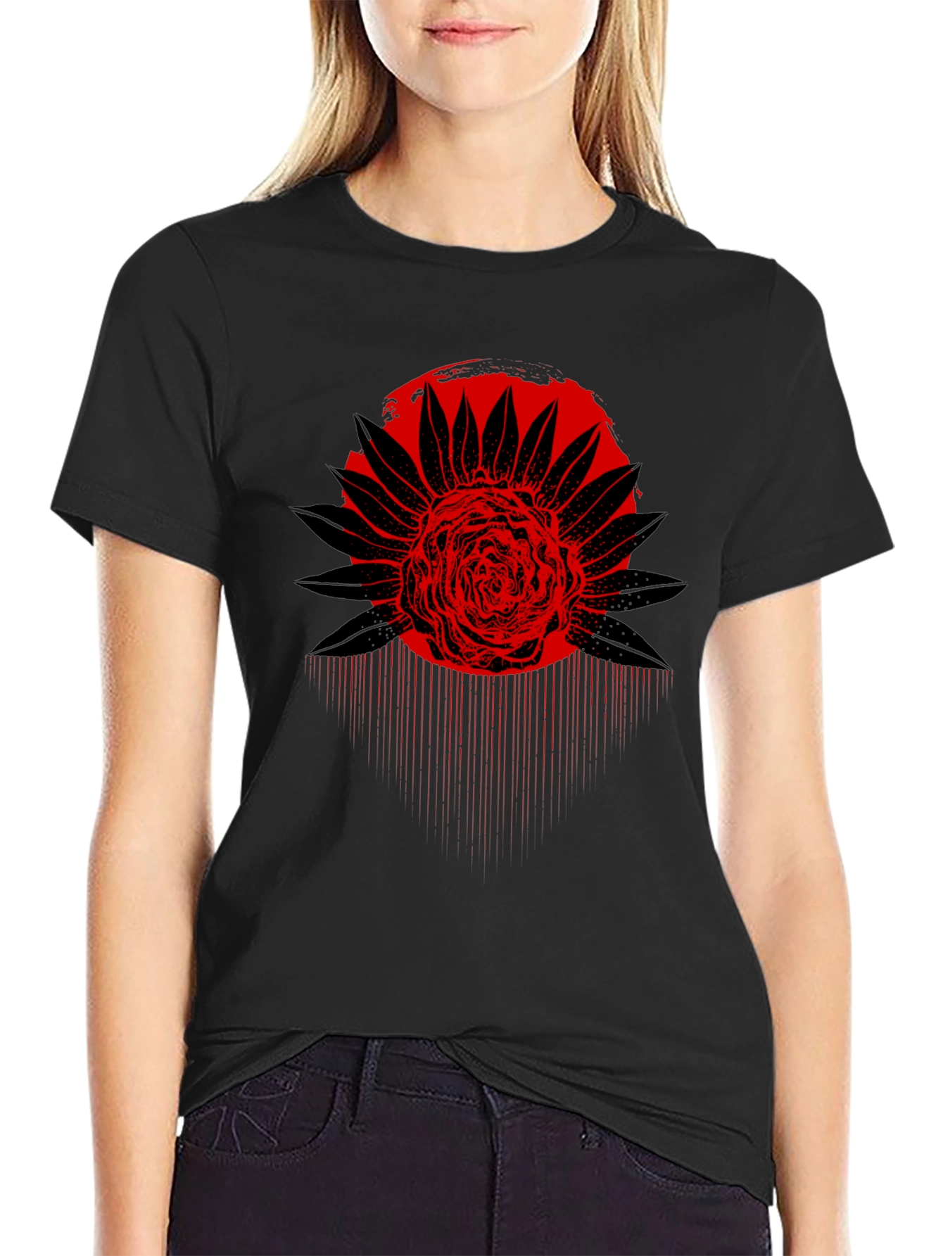 Red Floral Graphic Black T-Shirt