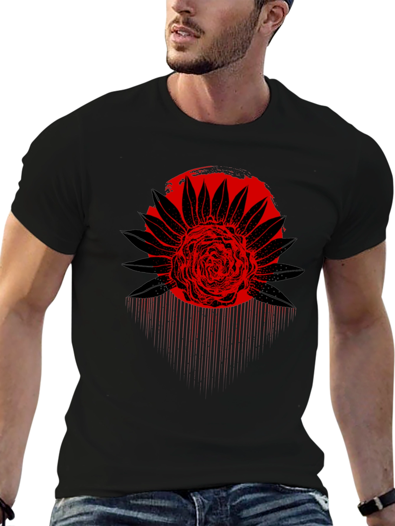 Red Floral Graphic Black T-Shirt