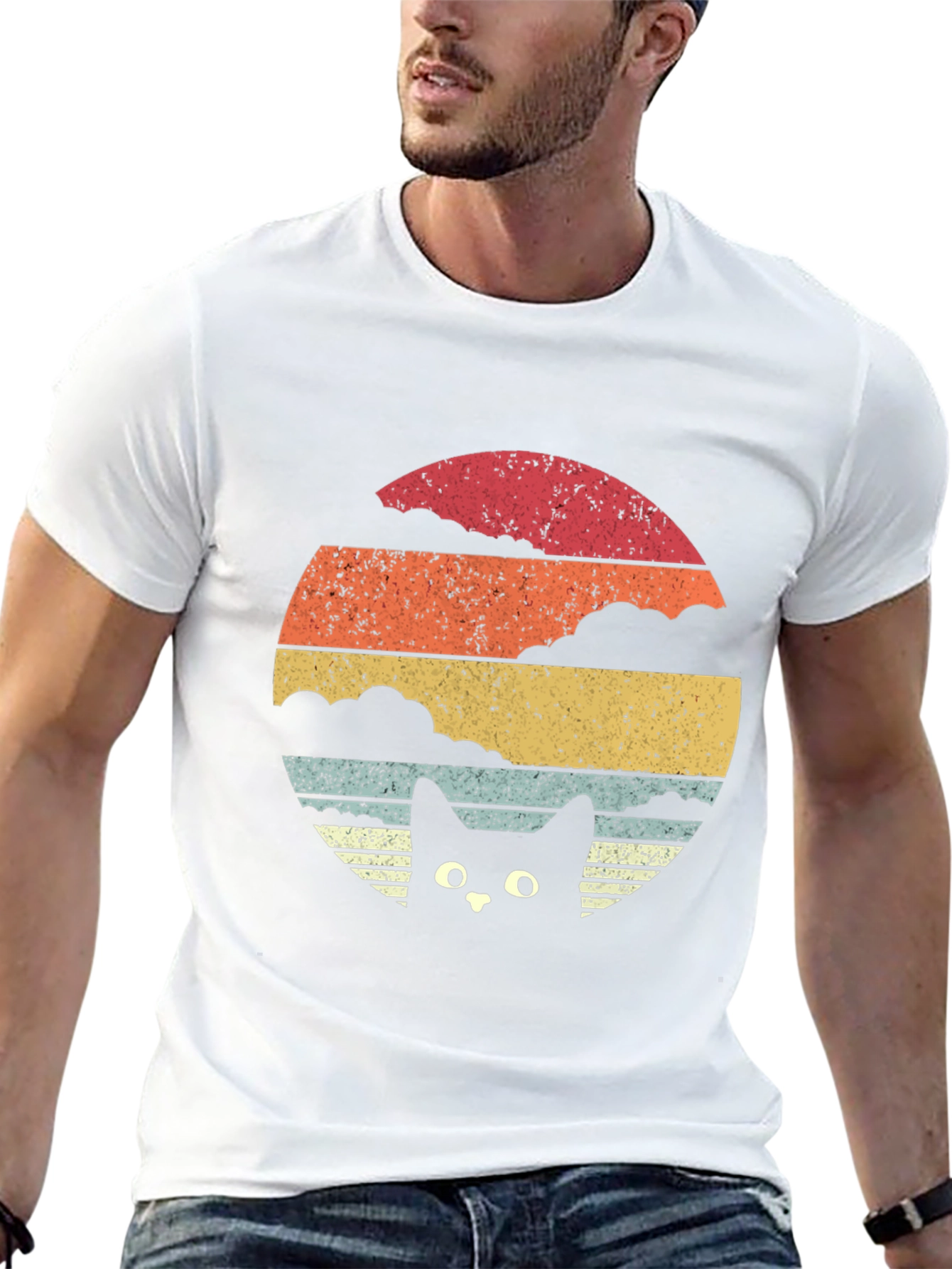Retro Cat Sunset T-Shirt - Black