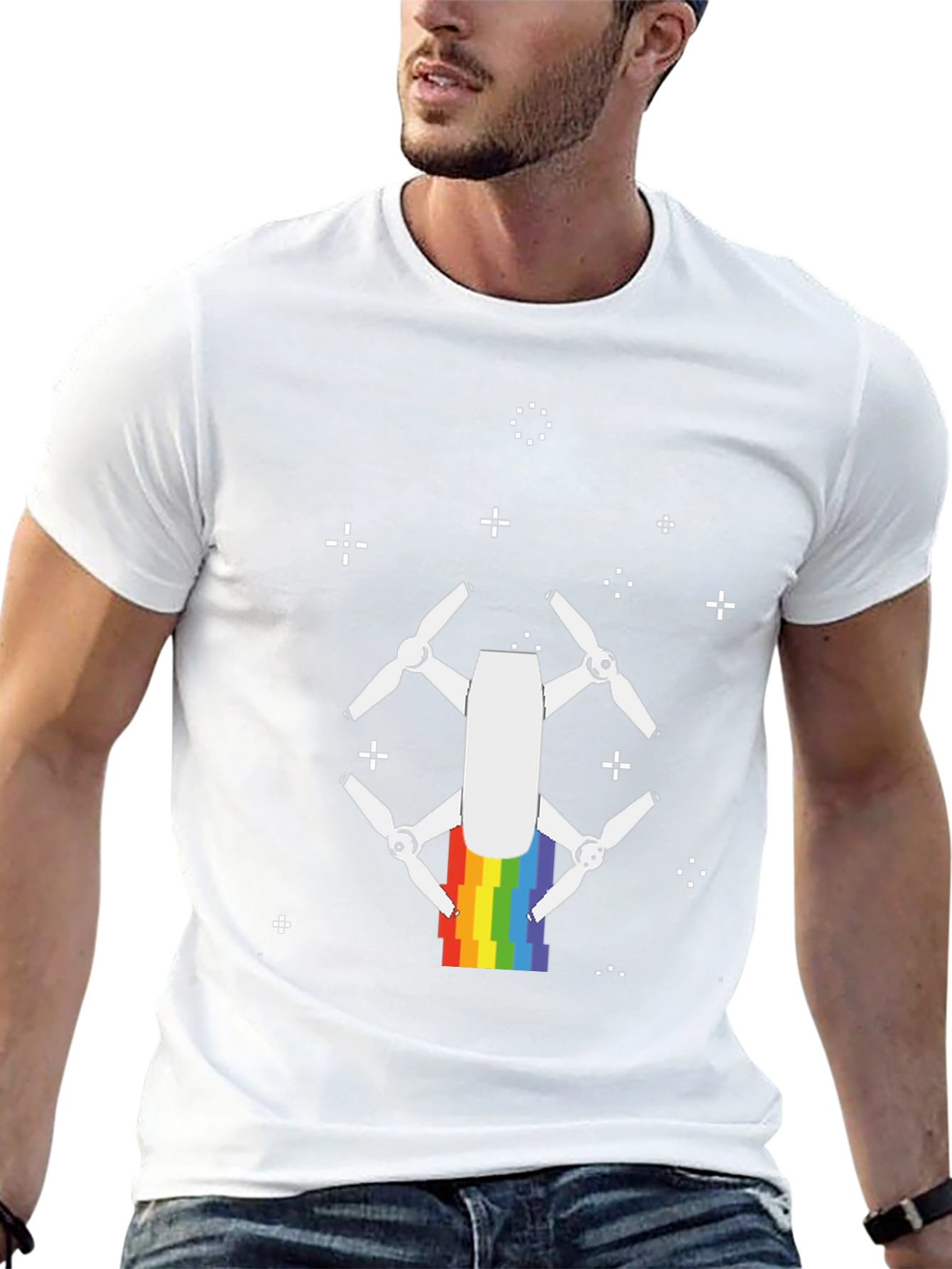 Rainbow Drone Graphic Tee - Black Cotton T-Shirt
