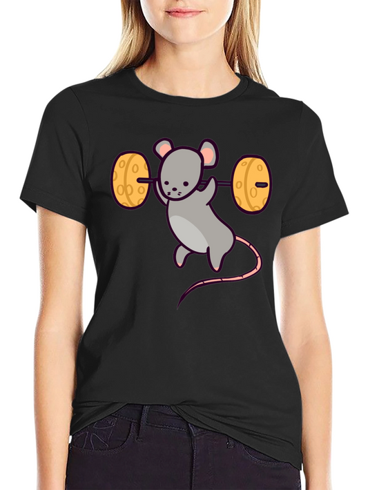 Funny Mouse Lifting Cheese Barbell Black T-Shirt