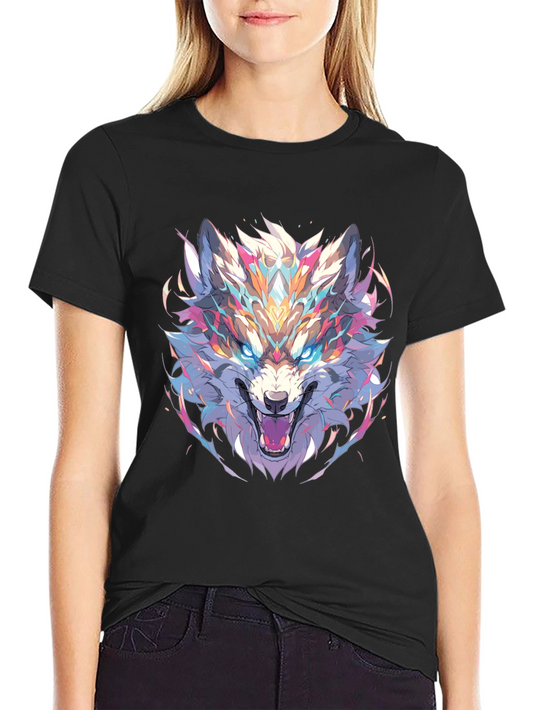 Mens Black Graphic Tee - Colorful Wolf Design