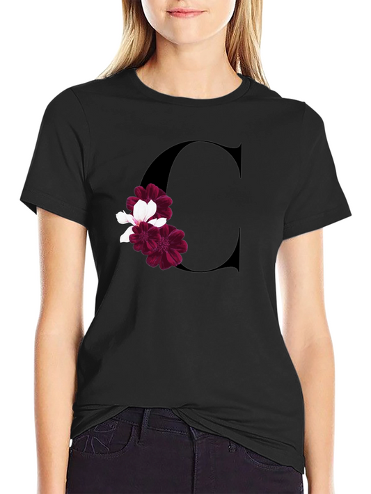 Letter C Floral Print Black T-Shirt