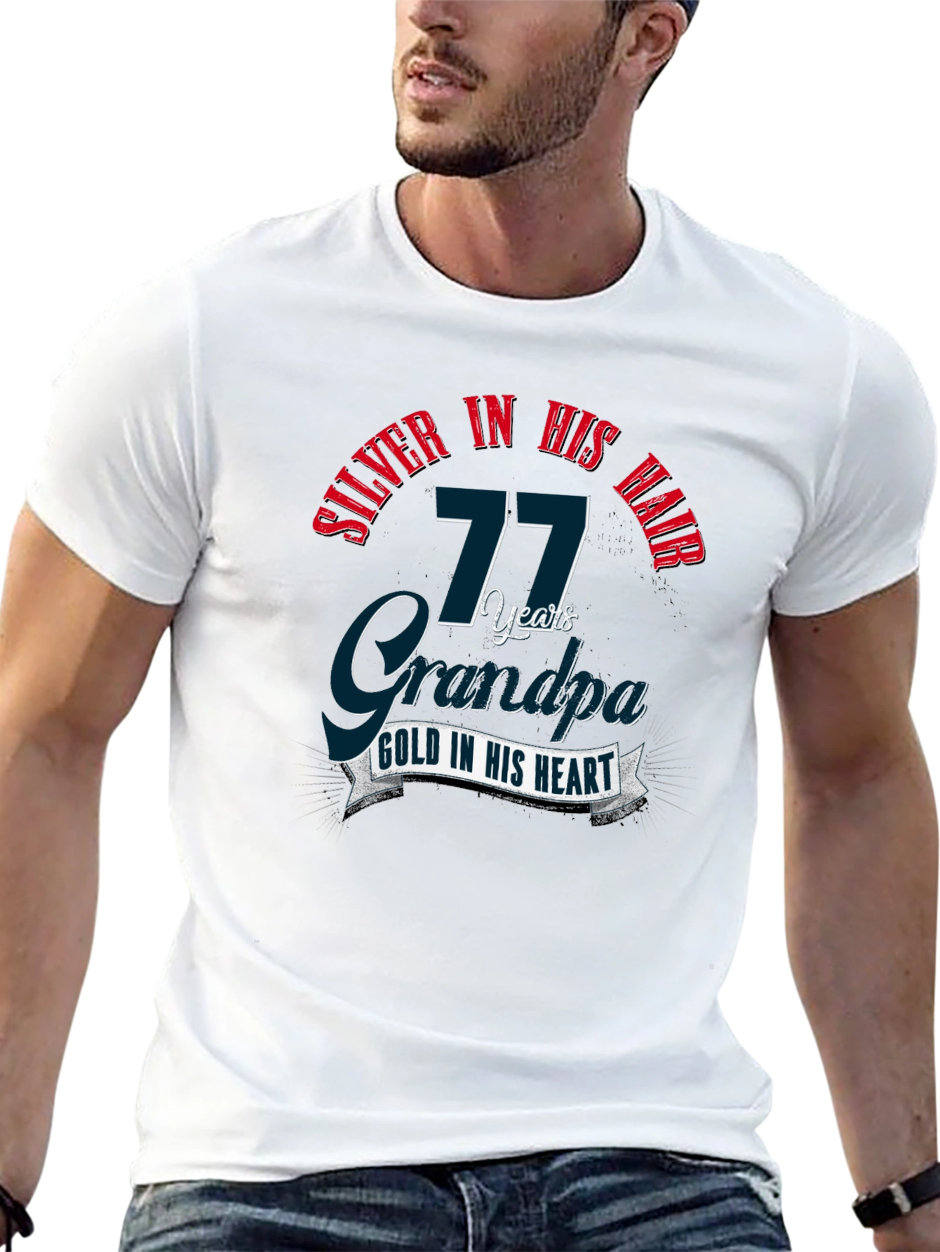 Silver in His Hair 77 Years Grandpa Black T-Shirt