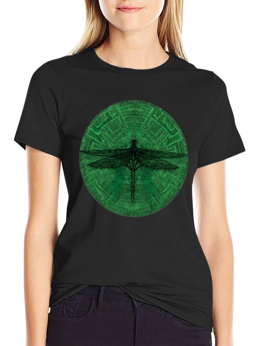 Dragonfly Green Circle Black T-Shirt
