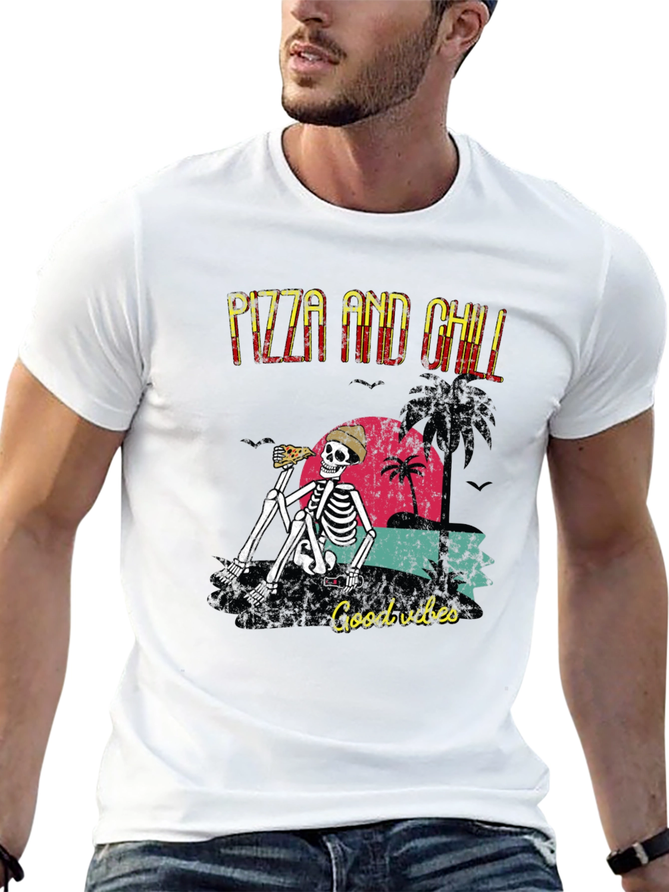 Pizza and Chill Skeleton Graphic T-Shirt