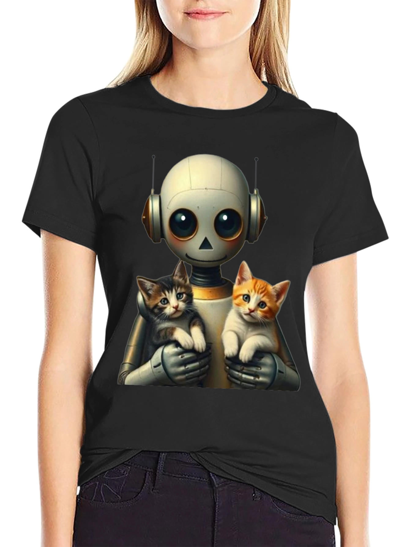 Robot Holding Cats Graphic T-Shirt