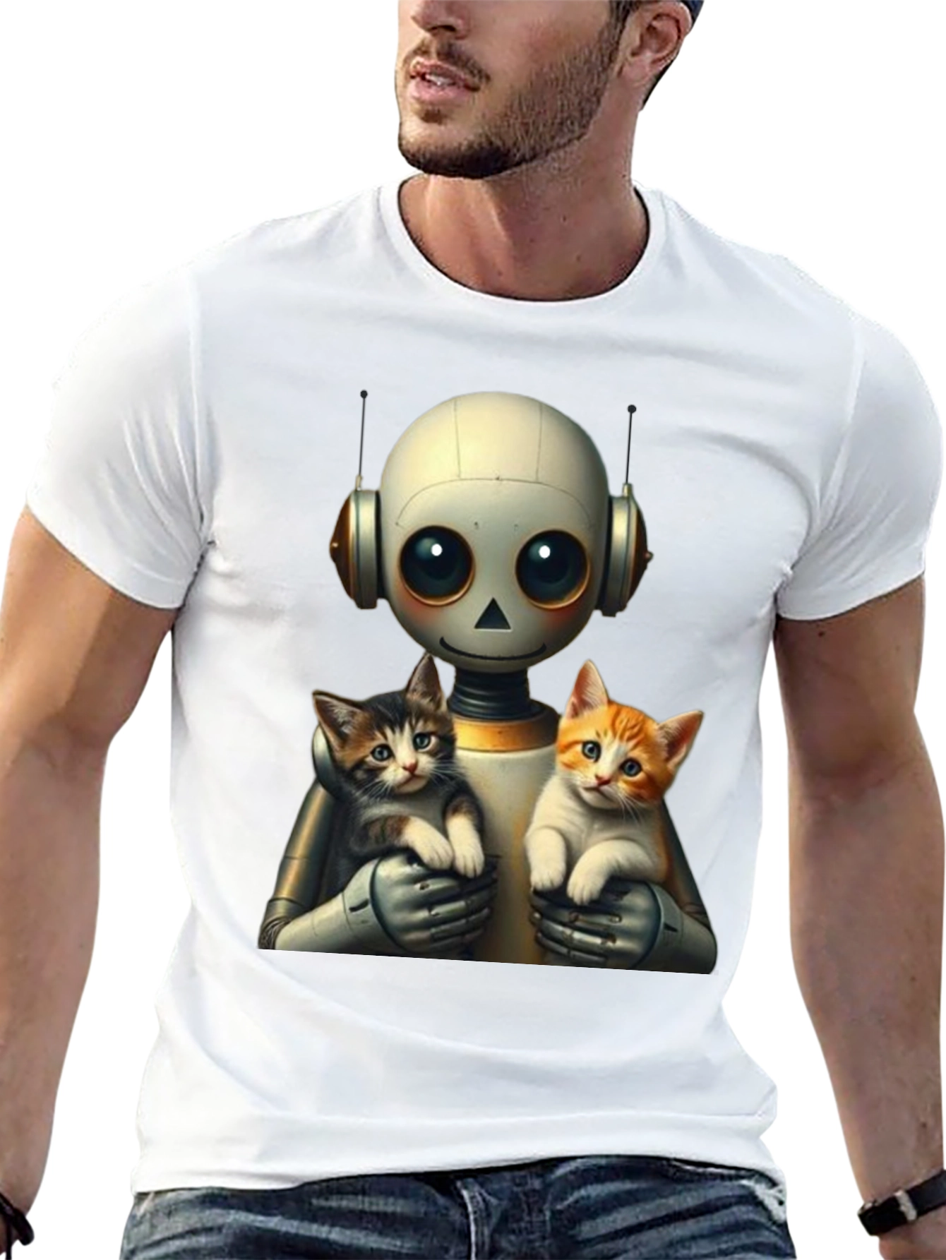 Robot Holding Cats Graphic T-Shirt