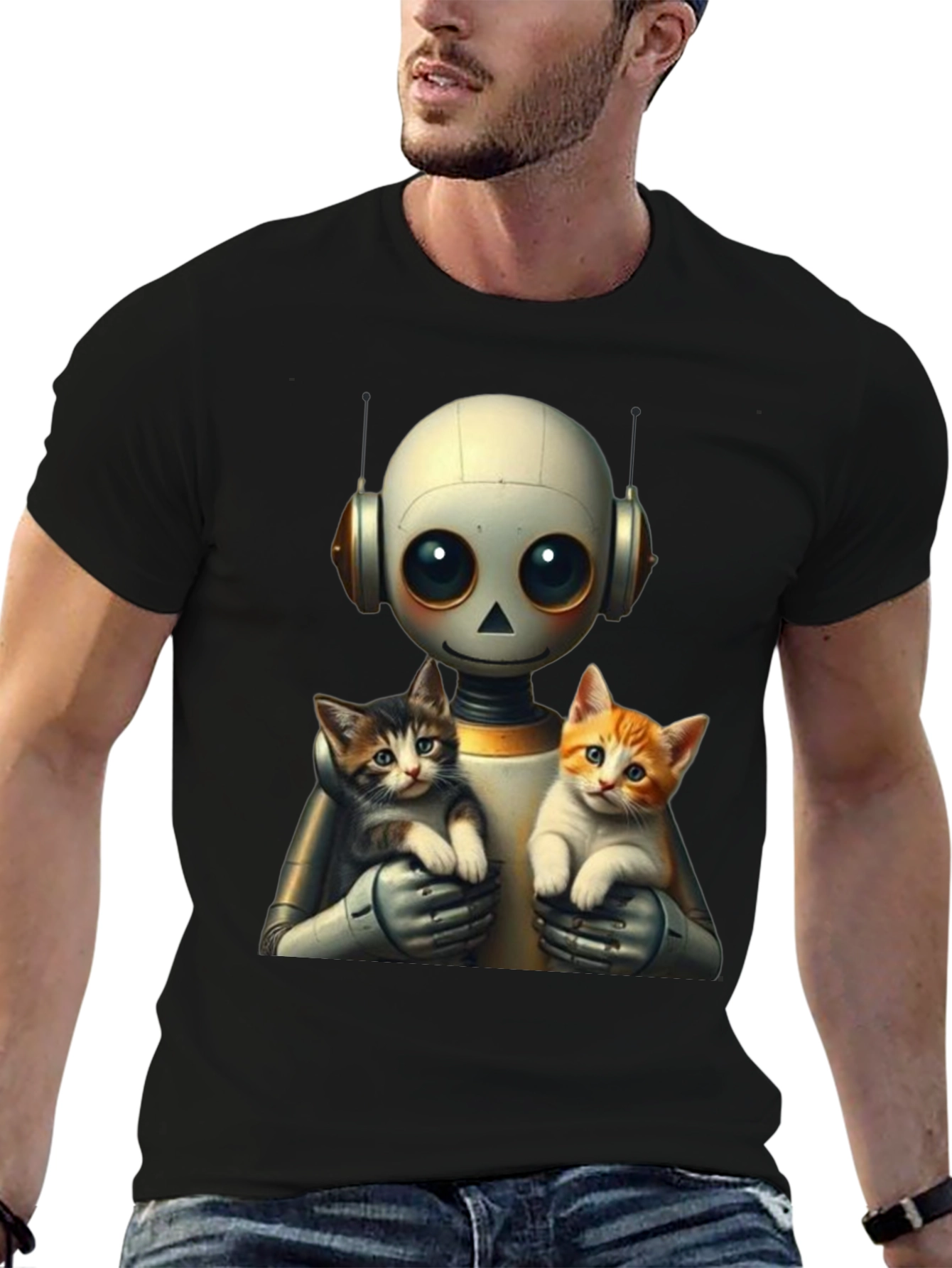Robot Holding Cats Graphic T-Shirt