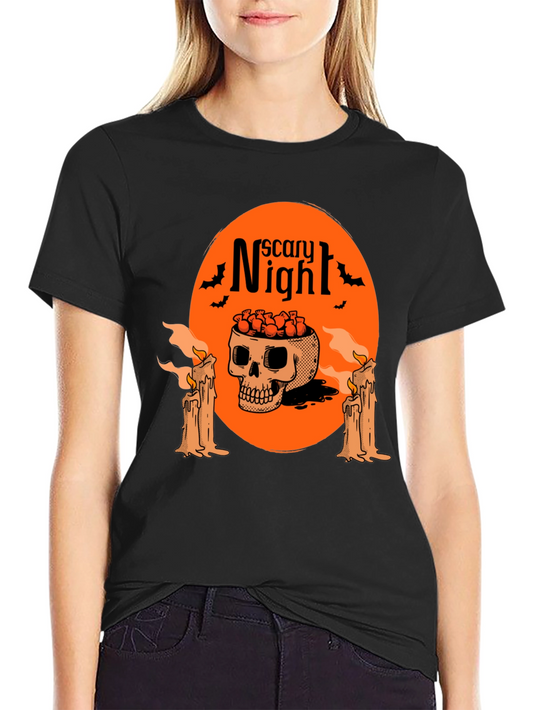 Scary Night Skull Graphic Tee - Halloween Style