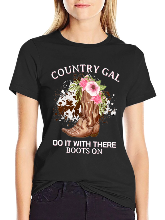 Country Gal Boots On Black T-Shirt