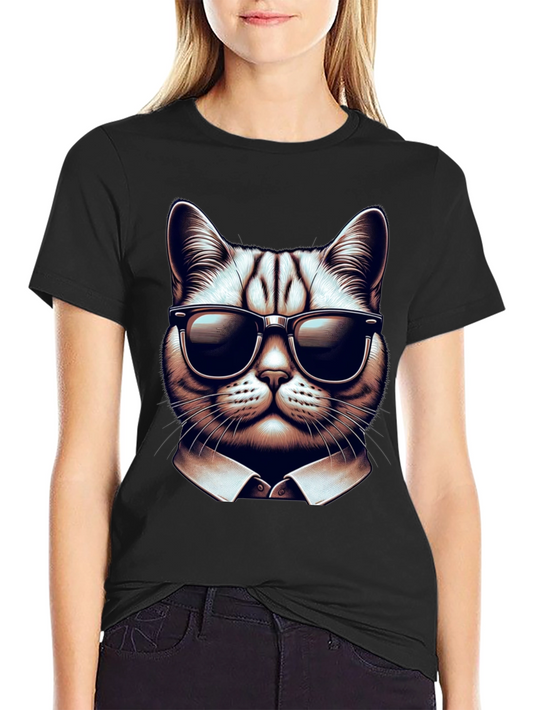Cool Cat in Shades Graphic Tee - Black Cotton T-Shirt