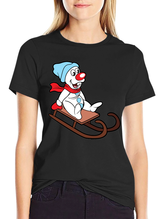Frosty Sledding T-Shirt - Cartoon Snowman Design