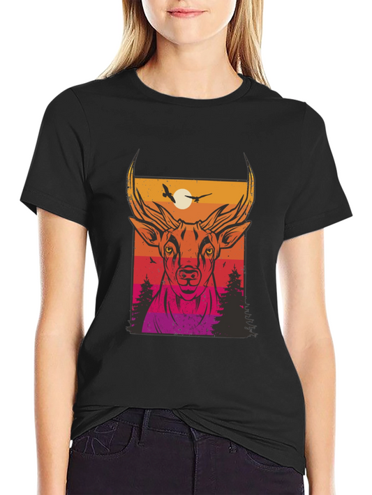 Deer Sunset Graphic Print Black T-Shirt