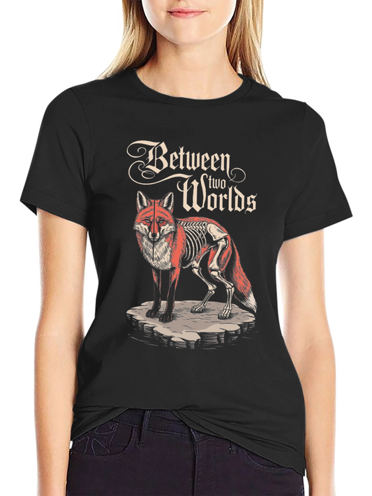 Between Two Worlds Graphic Tee - Unique Fox Skeleton Design