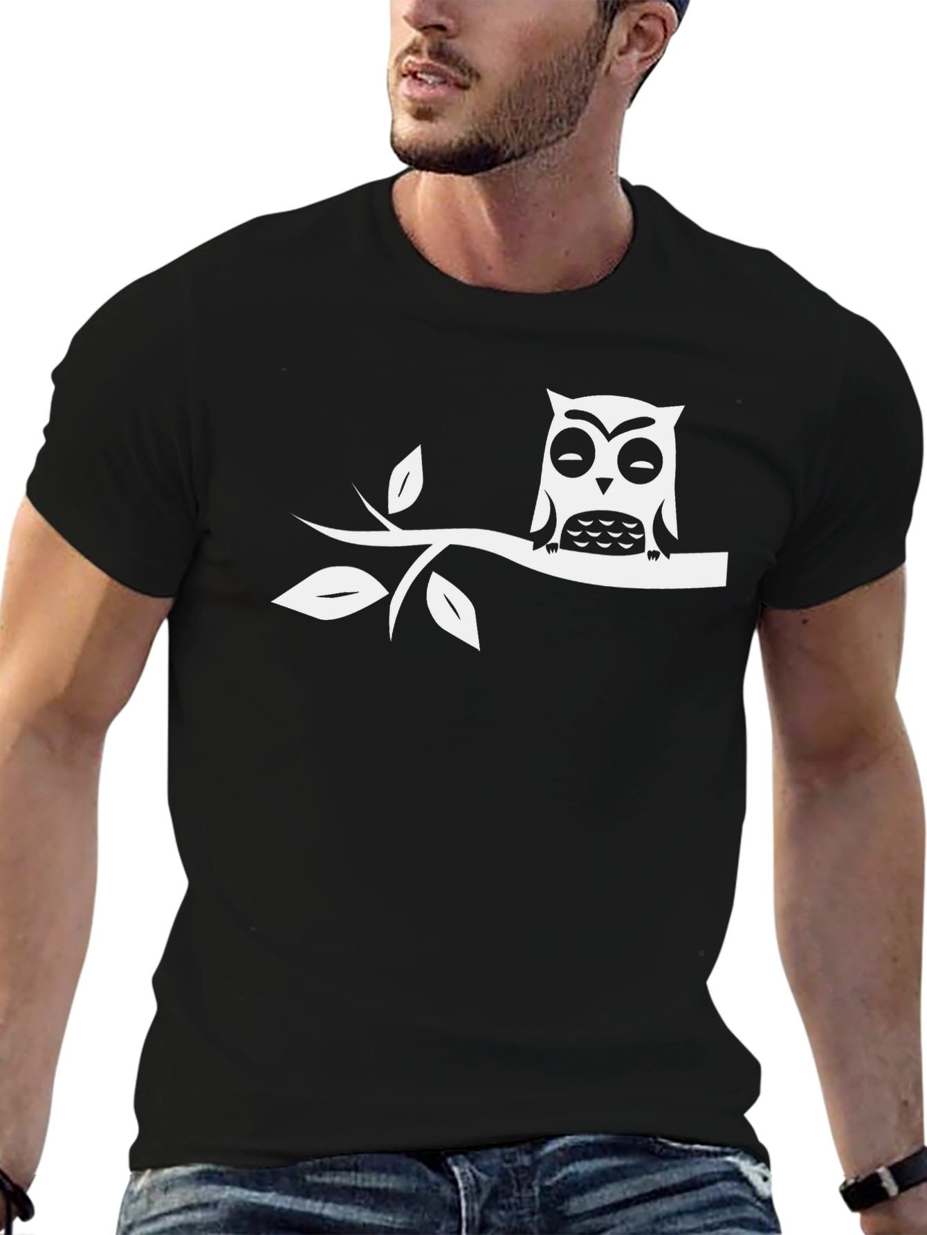 Owl on Branch Black T-Shirt - Relaxed Fit