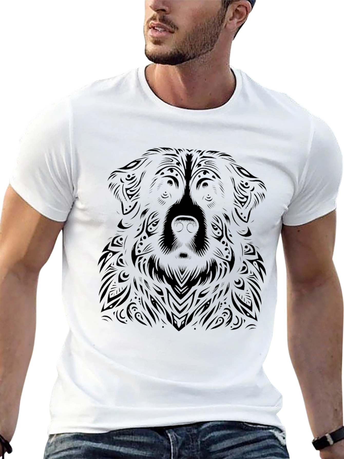 Tribal Dog Graphic Tee - Black Cotton T-Shirt