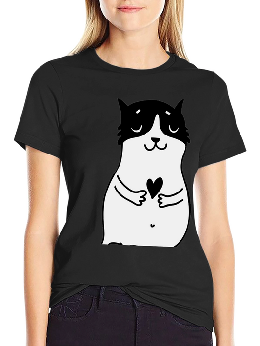 Cute Cat Heart Graphic Black T-Shirt