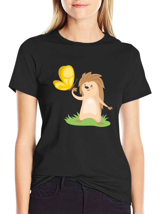 Cute Hedgehog & Butterfly Black T-Shirt