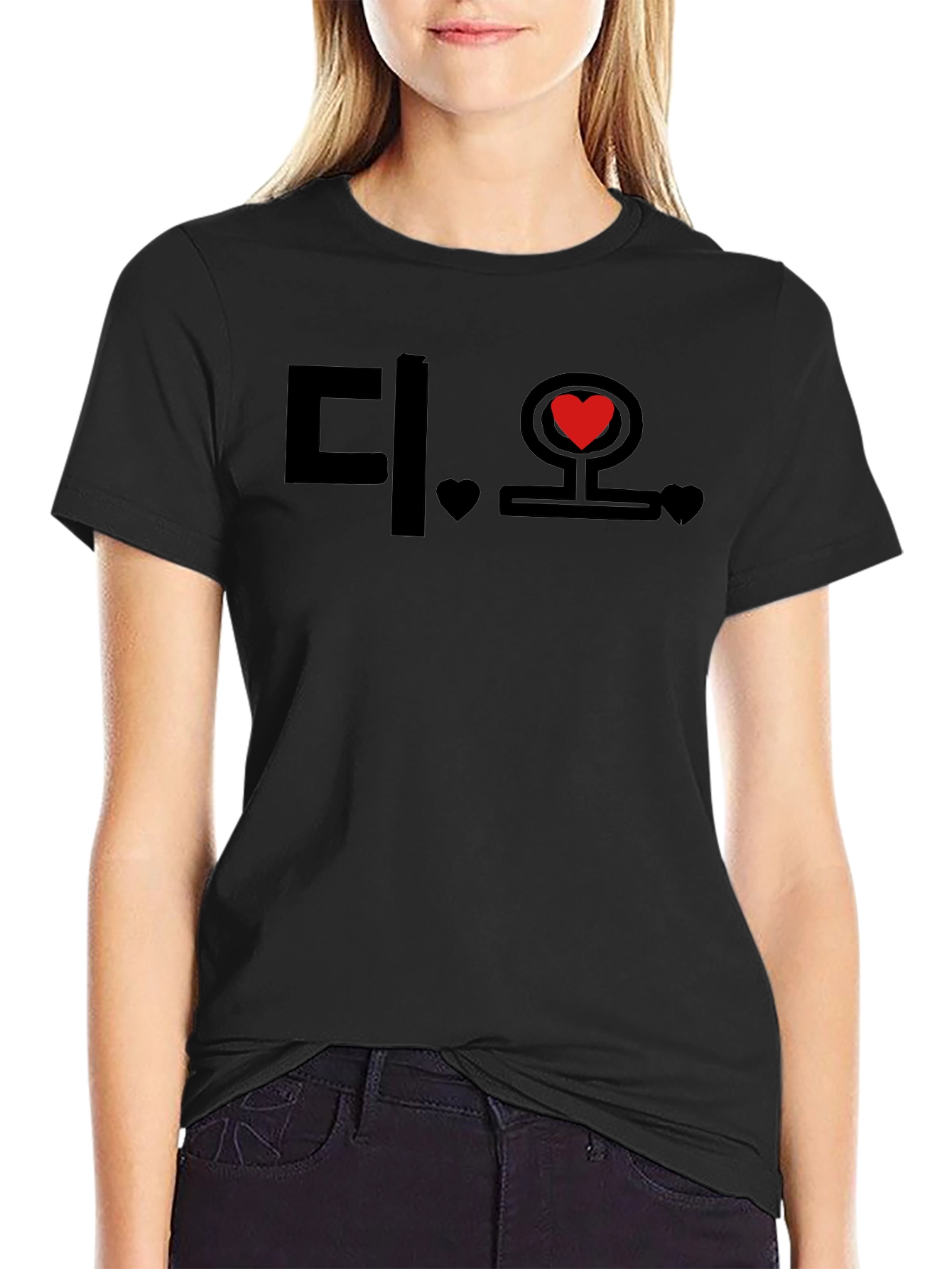 Korean Heart Graphic Black T-Shirt