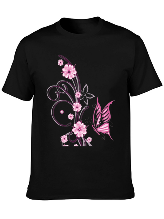 Floral Butterfly Print Black T-Shirt