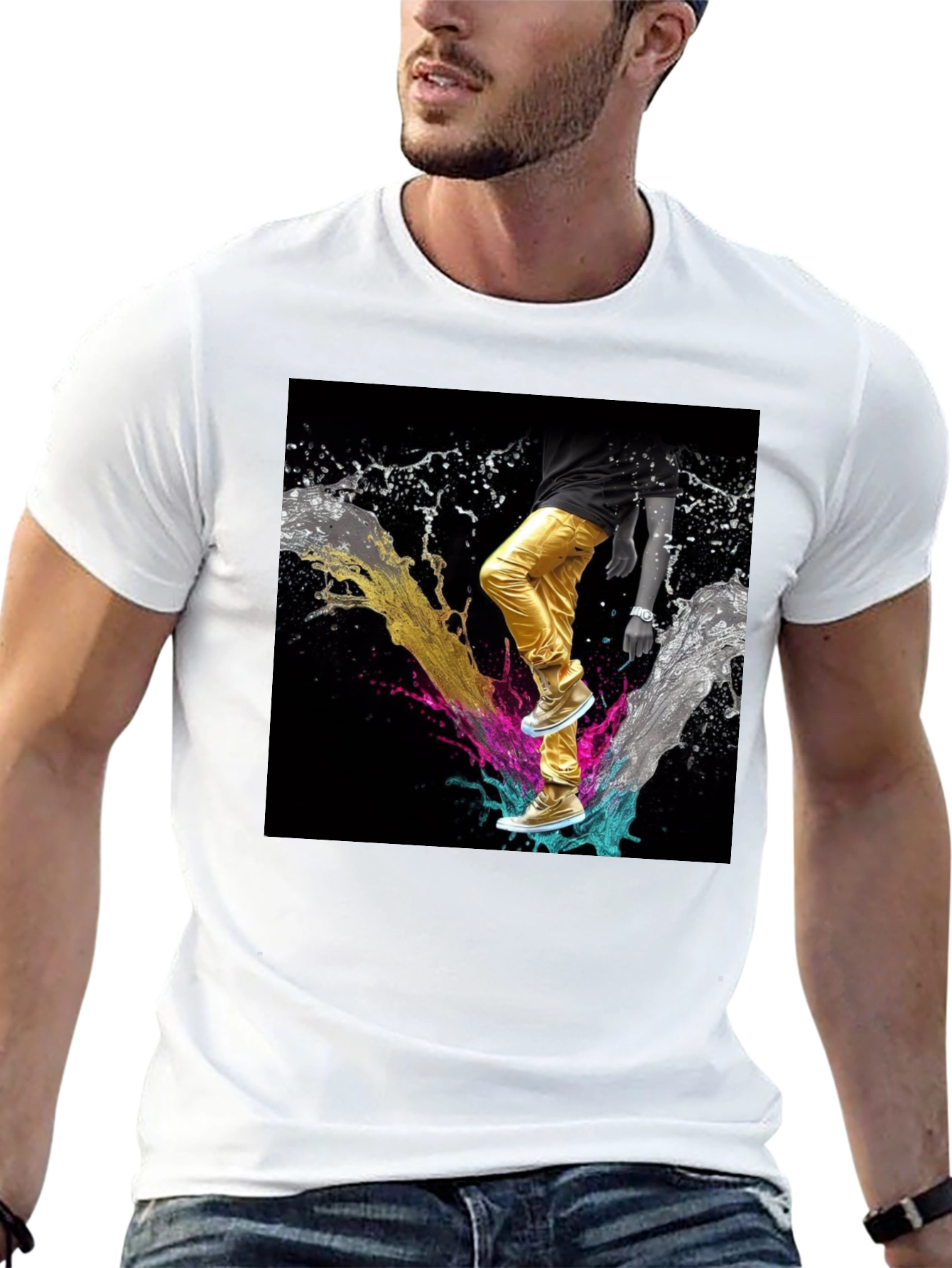 Stylish Black T-Shirt with Vibrant Splash Art