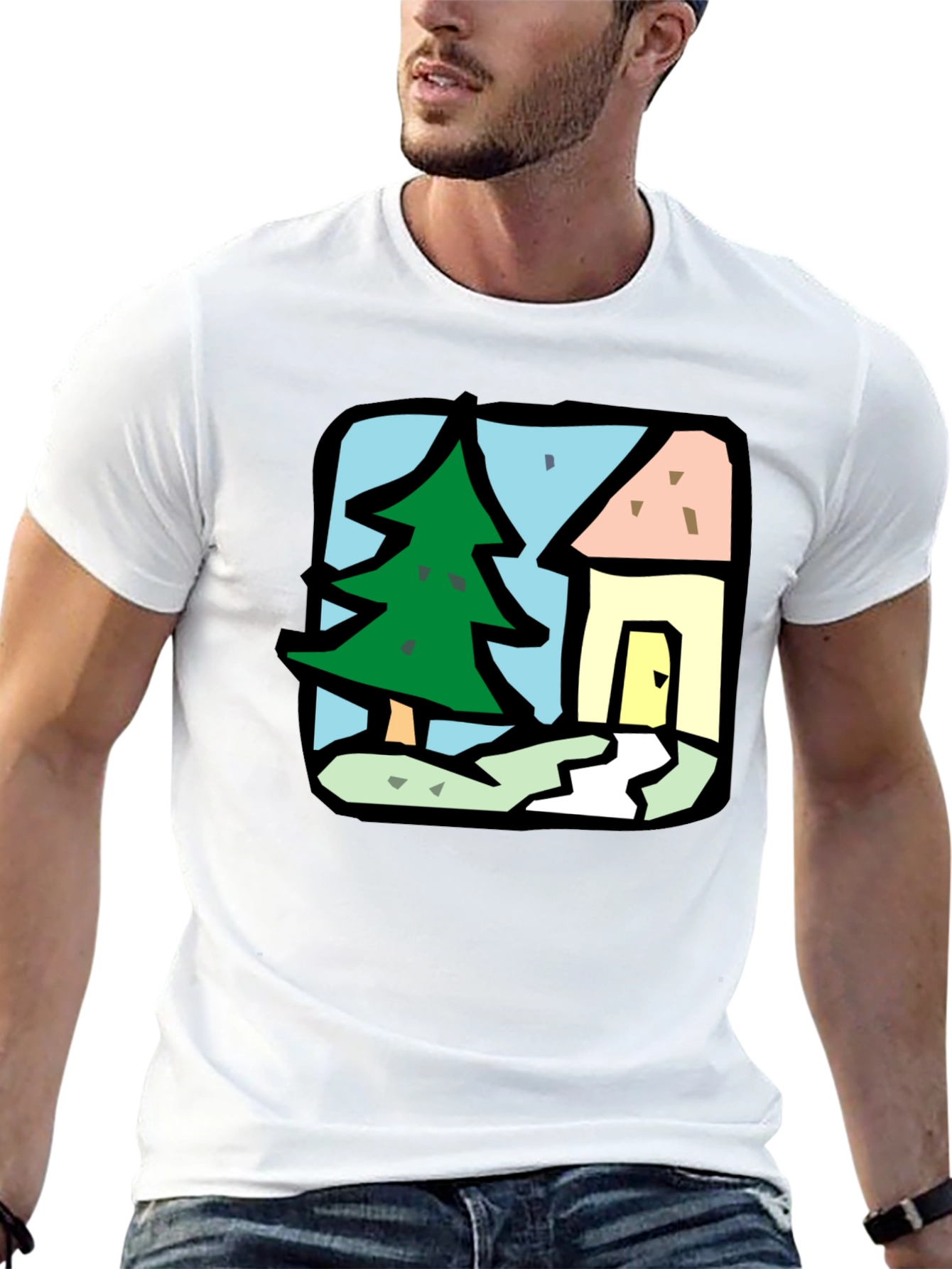 Cartoon House & Tree Black T-Shirt
