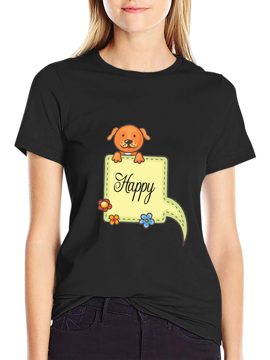 Happy Dog Graphic Print Black T-Shirt