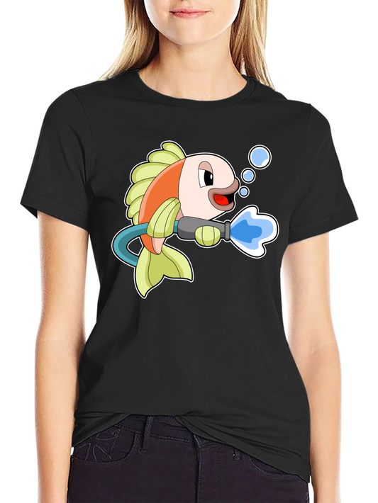 Fish with Water Gun Graphic Tee - Black Cotton T-Shirt