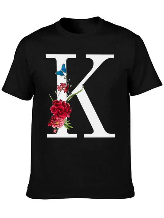 Floral Letter K Black T-Shirt