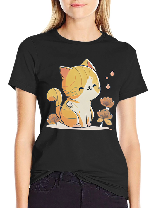Cute Cat Graphic Tee - Black Cotton Comfort