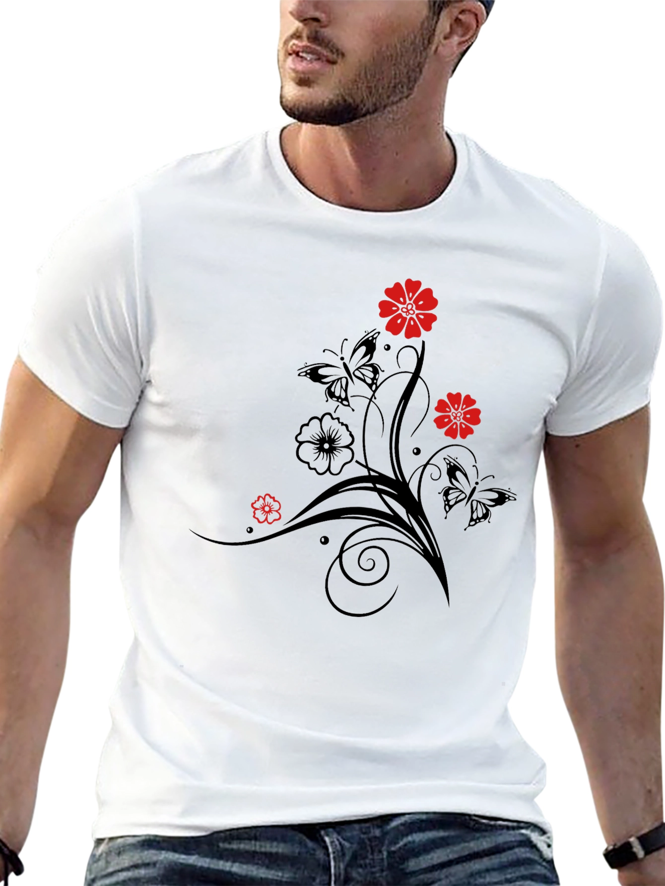 Black Floral & Butterfly Graphic T-Shirt