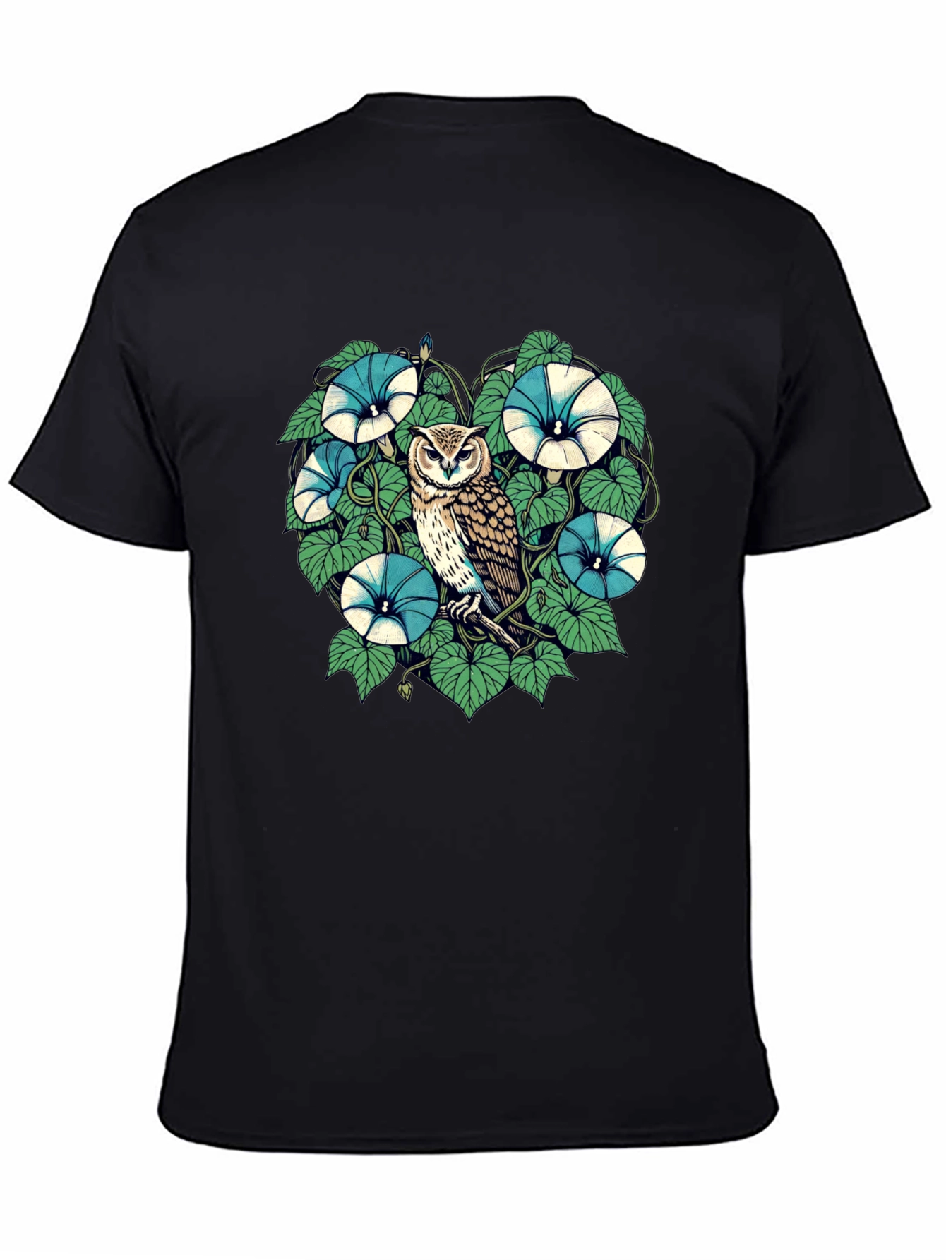 Owl & Floral Graphic Print Black T-Shirt