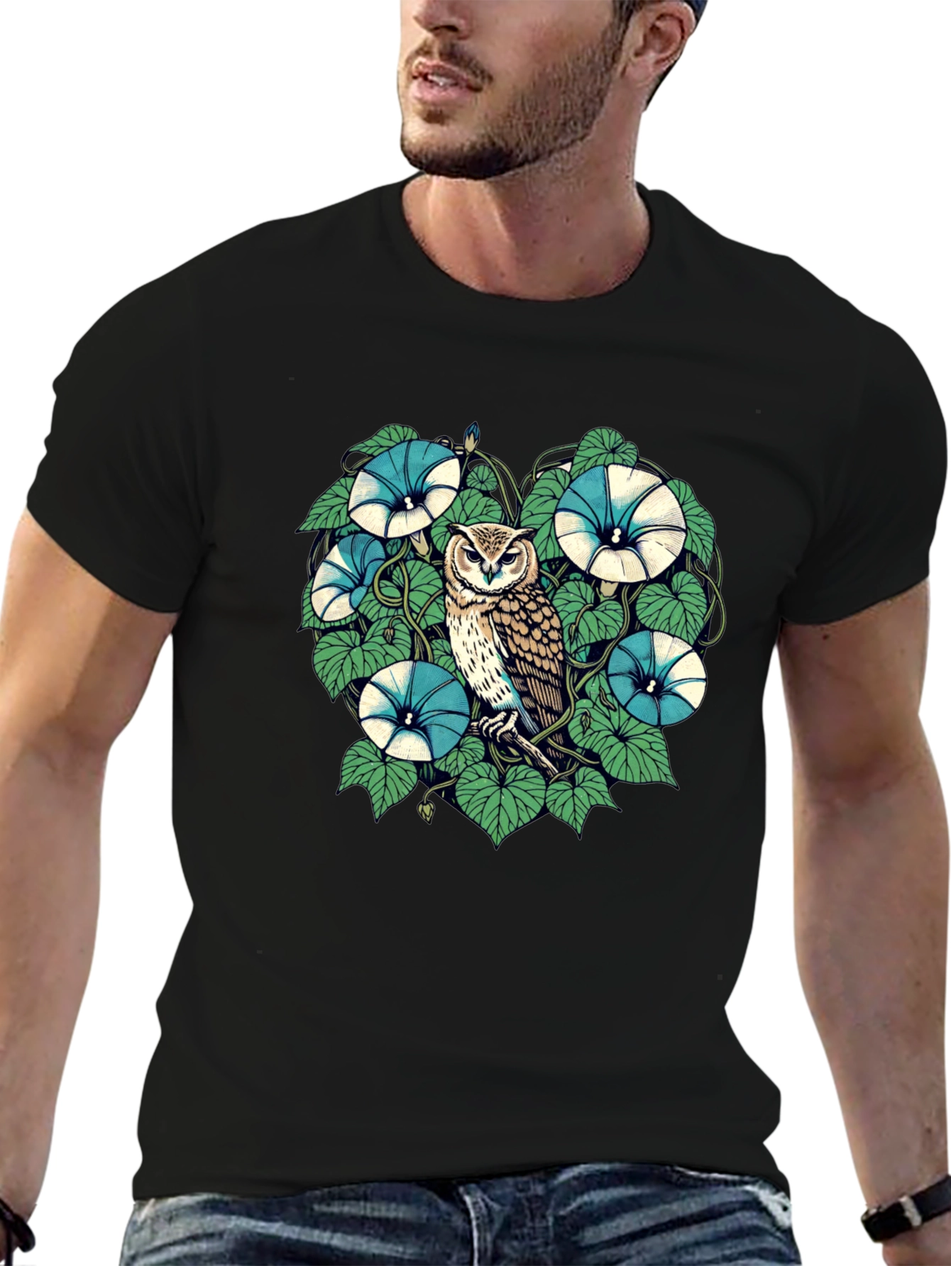Owl & Floral Graphic Print Black T-Shirt