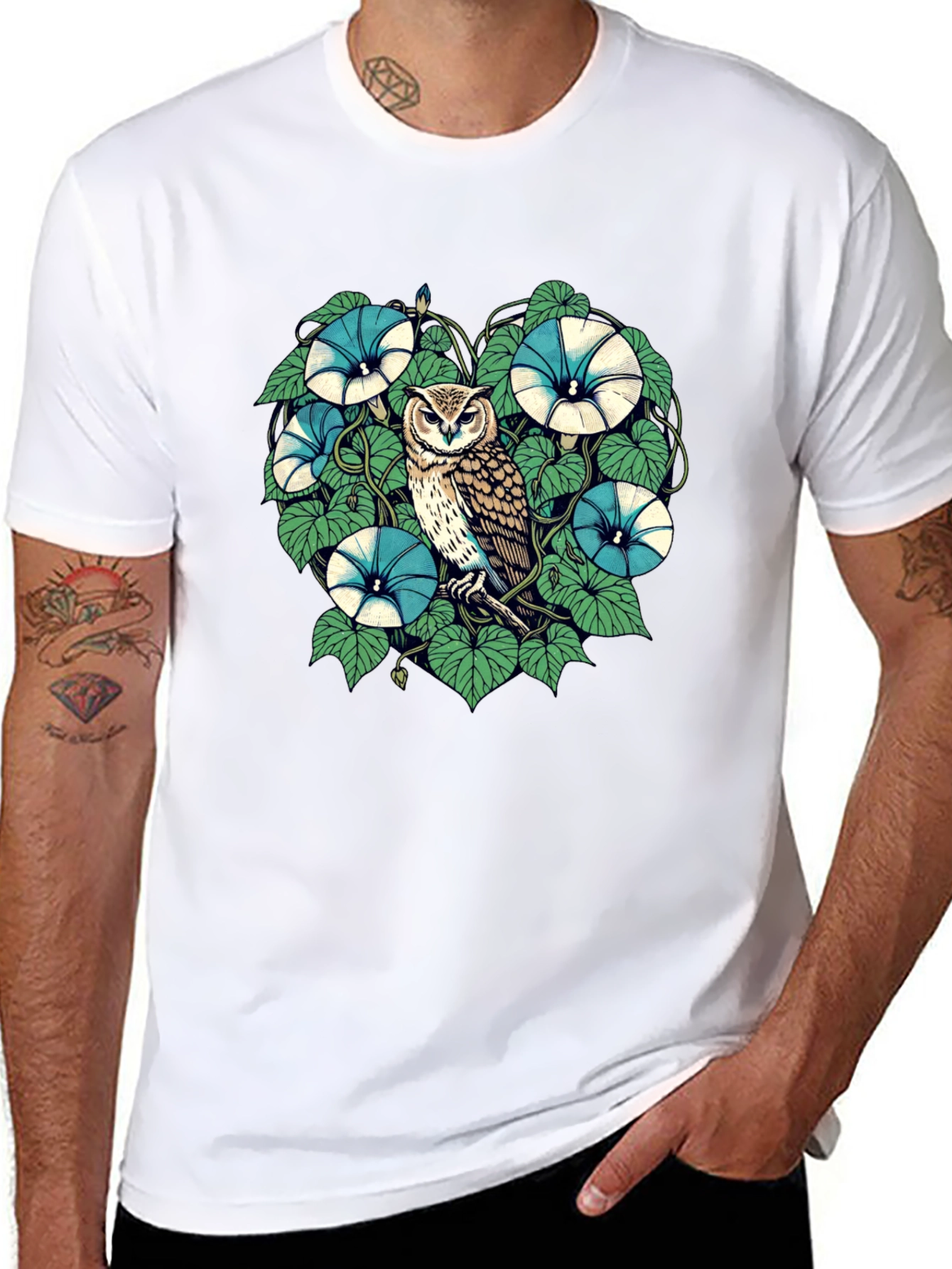 Owl & Floral Graphic Print Black T-Shirt
