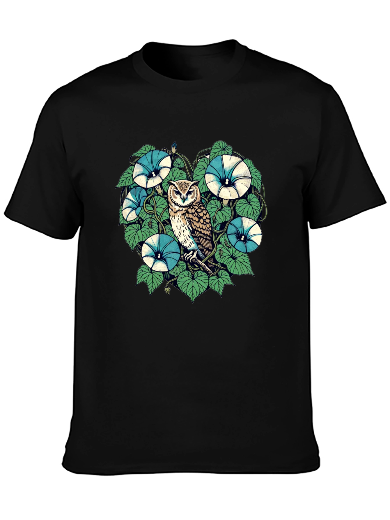 Owl & Floral Graphic Print Black T-Shirt