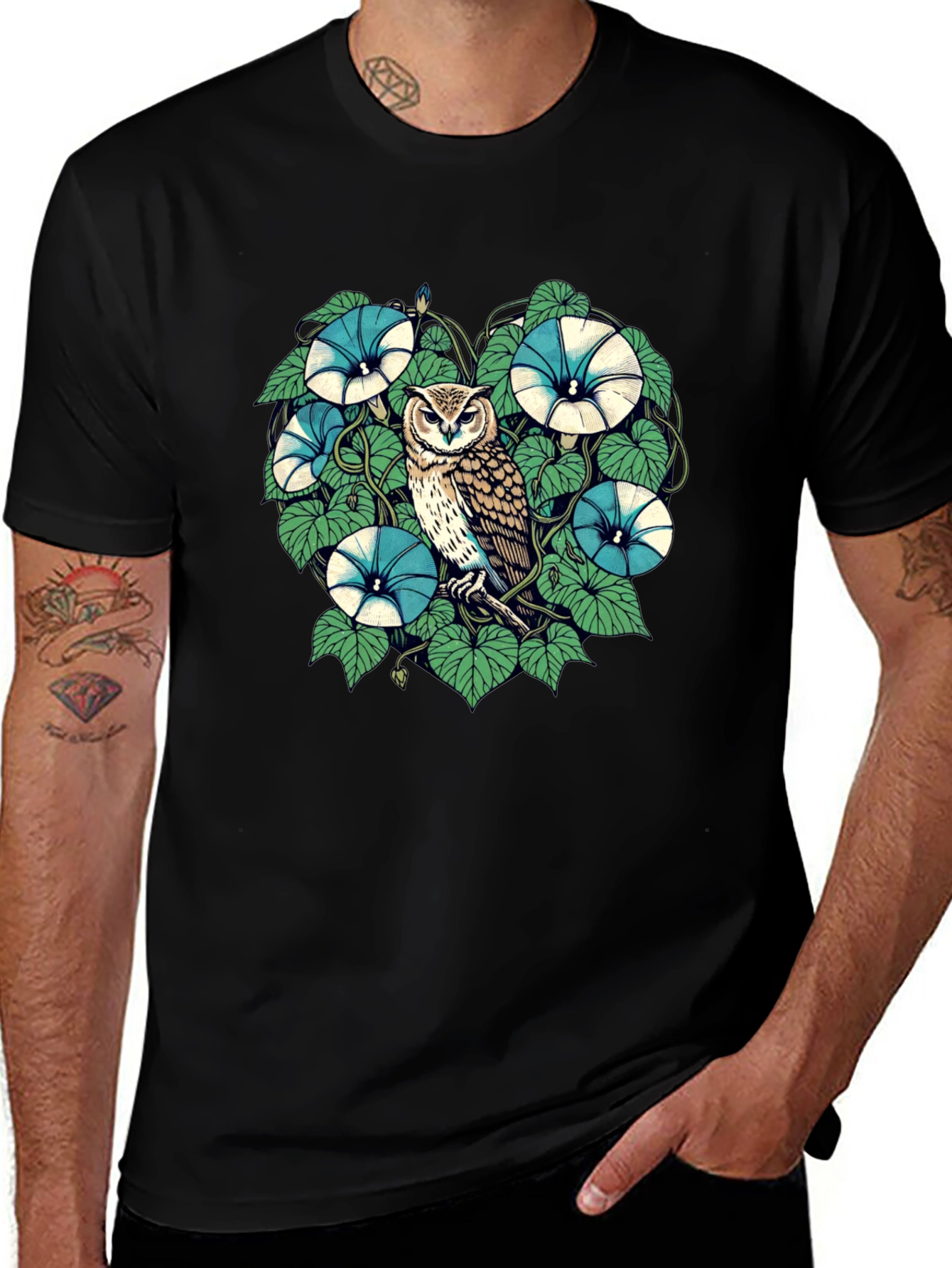 Owl & Floral Graphic Print Black T-Shirt