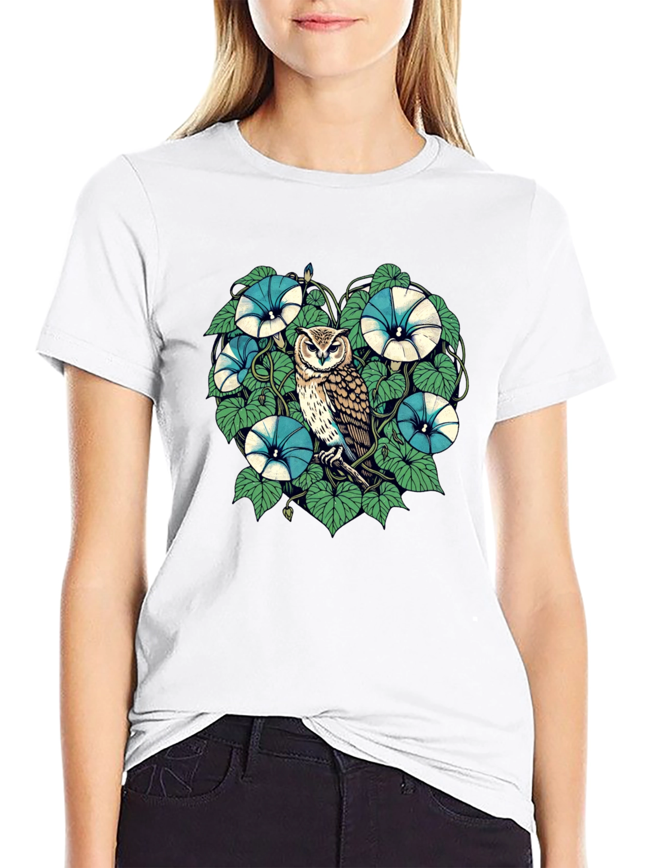 Owl & Floral Graphic Print Black T-Shirt