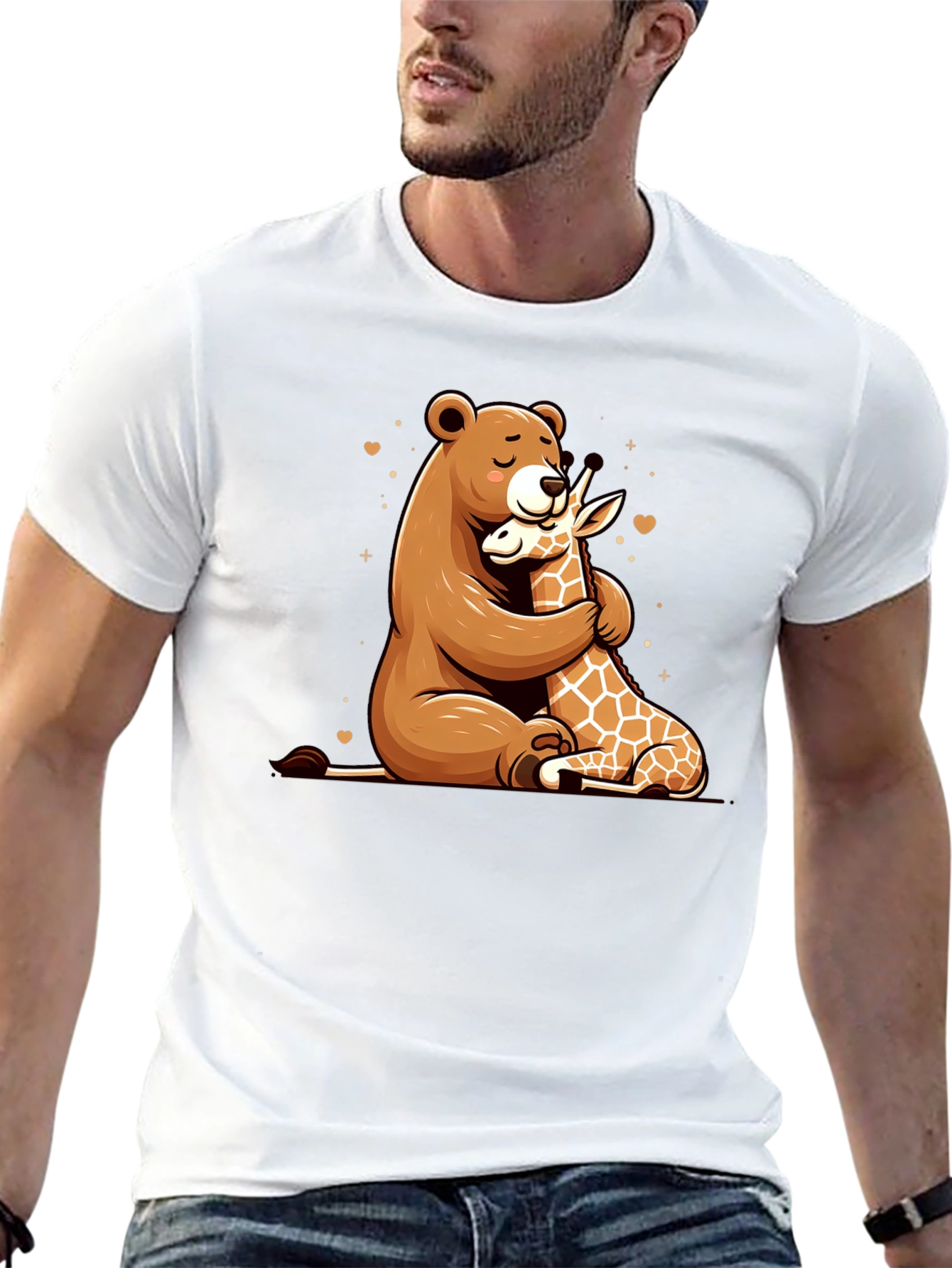 Bear and Giraffe Hug Black T-Shirt