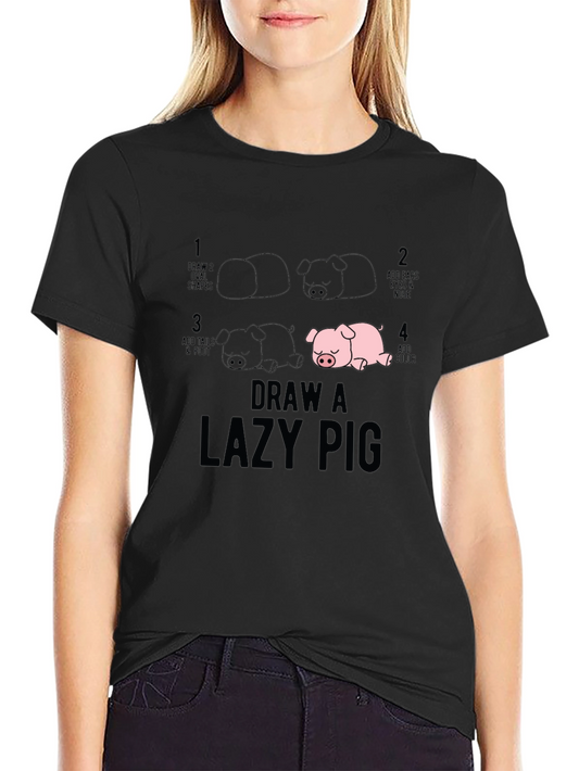 Draw a Lazy Pig T-Shirt - Black Cotton Tee